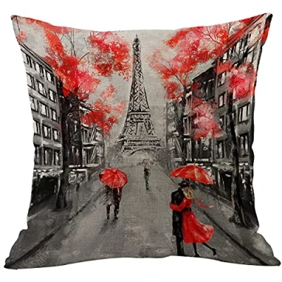 Image of CANSEGO Paris Pillowcases Lovers Kiss in France Street Red Umbrella Leaves Eiffel Tower Valentine&#039;s Day Throw Pillow Cushion Covers Cotton Linen for Men Women Boys Girls Living Room 18x18 Inch