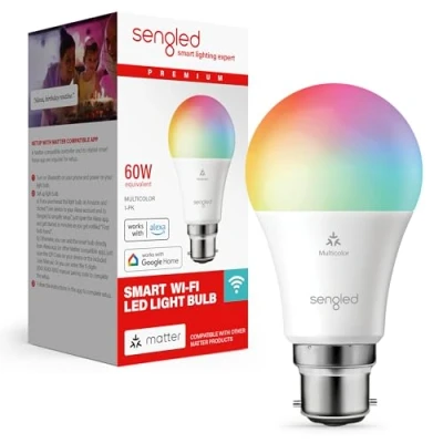 Image of Sengled LED Smart Light Bulb (B22), Matter Enabled, Multicolour, Works with Alexa, 60W Equivalent, 800LM, Instant Pairing, Compatible Platform Required, 2.4 GHz, Wi Fi, 1 Pack