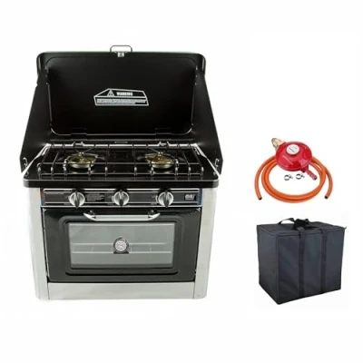 Image of NJ CO 01 Camping Gas Oven &amp; Hob 2 Burner Portable Cooker Stainless Steel Carry Bag Outdoor + Regulator (Propane 37mbar Screw on)