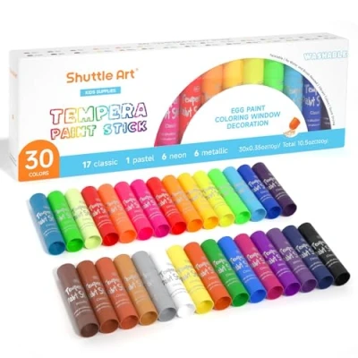 Image of Shuttle Art Tempera Paint Sticks for Children, 30 Colours, Washable Gouache Kids, Twistable, Mess Free, Fast Drying, Work Great on Paper Wood Glass Ceramic Canvas