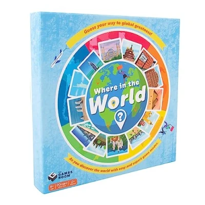 Image of Fizz Creations Where In the World? Game. Put Your Geographical Knowledge to Test. Use Skills Match Flags, Locate Landmarks and Countries on Map. Trivia Fun Board Games.
