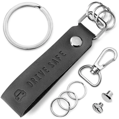 Image of FABACH Leather Key Ring with Interchangeable in Gift Box Car Pendant for and Drive Safe, Black leather, standard size, Classic