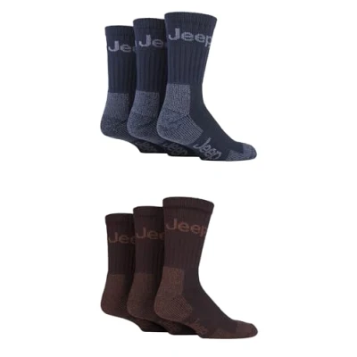 Image of Jeep Mens Cotton Boot Socks Luxury Terrain Calf Length Plain with Logo,Ribbed, Cushioned &amp; Chunky for Walking, Hiking, Trekking the Outdoors Size 6 11 Pair Multipack Navy/Brown