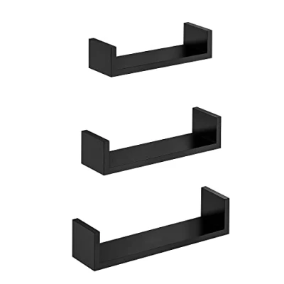 Image of SONGMICS Set of 3 Modern Wall, Floating Storage Shelving with High Gloss Finish, and Invisible Mounting, LWS40BK, E1 Grade Medium Density Board, Ink Black, 10 x 30/35/40 7/8/9 cm