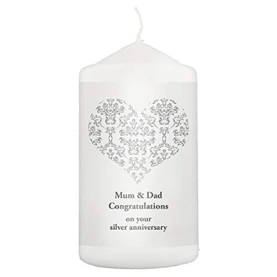 Image of Personalised Silver Damask Heart Candle. A Keepsake Gift for Any Couple Celebrating Their Wedding Anniversary (25 Years of Marriage).