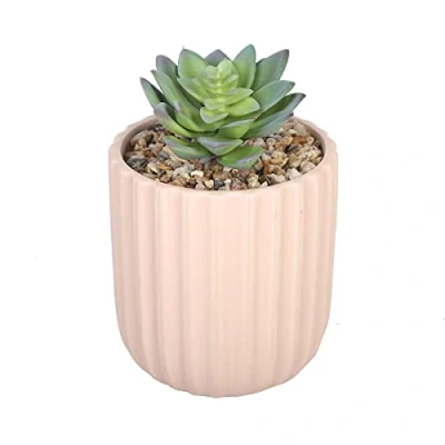 Image of Sleepdown Halo Green Artificial Faux Plant Pink Textured Pot for Home Office Bathroom Decor Indoor Decoration
