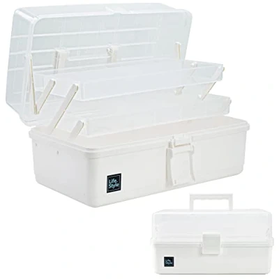 Image of Creahaus 13inch 3 Layer Multipurpose storage box, Craft Box with Compartments, Plastic Tool Medicine Hair Accessories Organiser, Sewing 2 Trays (White)