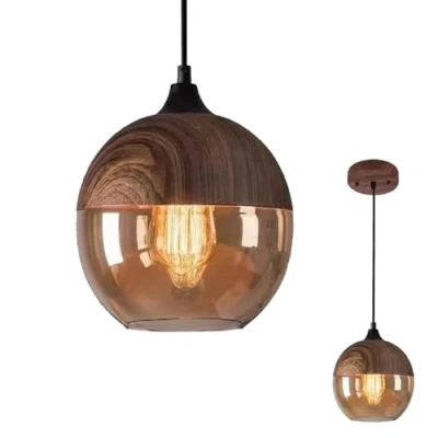 Image of NHPJFDC Modern Pendant Light,Retro Industry Glass Light,Metal Wood Grain Finish Lighting,Kitchen Island Lighting, Amber Shade Ceiling Light Fixture,Brown,20.2cm/7.9in