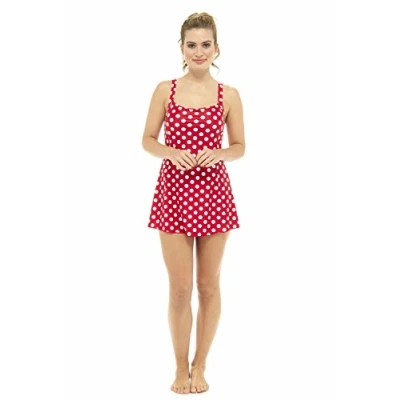 Image of Ladies Tummy Control Swimsuit One Piece Swim Dress/Bikini, Designer Swimwear Sizes 10 22 (Size 20, LN772K Retro RED Polka Dot Swimdress)