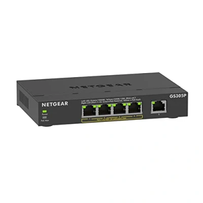 Image of NETGEAR PoE Switch 5 Port Gigabit Ethernet Plus Network Switch, GS305P, with 4 x PoE+, 63W, Desktop or Wall Mount
