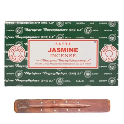 Image of Satya Nag Champa Jasmine incense sticks x12 pack with SAMASIA holder Used for Jaomatherapy, Spa, Yoga, Weddings, Meditation, Healing, Positivity and Relaxation