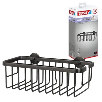 Image of tesa MOON self adhesive shower caddy in brushed graphite single tier and extra deep shelf made of PVD coated metal drill free, with solution 92 mm x 250 125