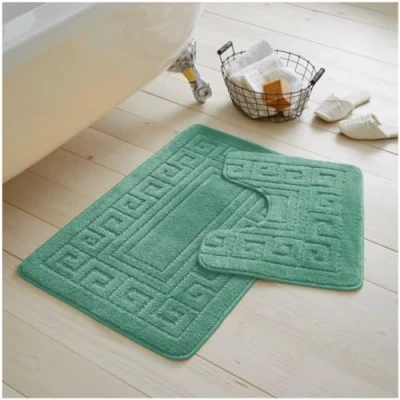 Image of GC GAVENO CAVAILIA Greek Key Pattern Bath Mats 2 Piece Sets Non Slip, Soft Washable Rug Quick Dry Water Absorbent Bathroom Shower Mat &amp; Pedestal Set, Sage Green