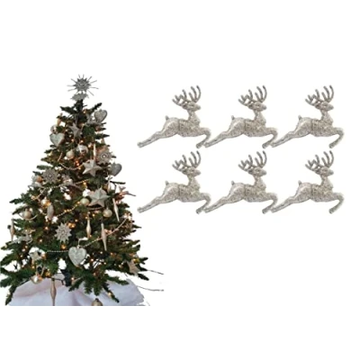 Image of Simply Products Pack of 6 Hanging Glitter Reindeer Christmas Tree Decorations 2.2cm x 9.5cm (Champagne (Gold))