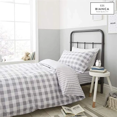 Image of Bianca Check And Stripe Cotton Double Duvet Cover Set with Pillowcases Grey