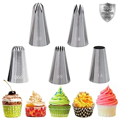 Image of Piping Tips, 5 Pack Cake Decorating Icing Nozzles Stainless Steel Tips Kit DIY Tools for Cream Cupcake Cookie Decorating(1A,1M,2D,4B,D66)