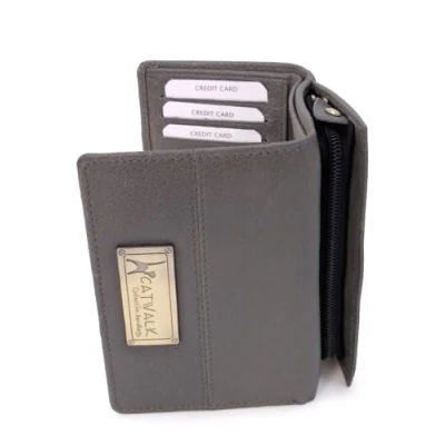 Image of Catwalk Collection Handbags Ladies Medium Leather Purse Women&#039;s Trifold Wallet with 8 Card Slots &amp; Zip Coin Pocket RFID Victoria Grey
