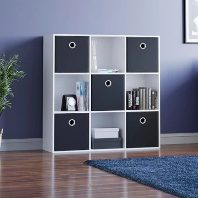 Image of Vida Designs Durham Cube Bookcase Storage Organiser Living Room Bookshelf Home Office Furniture (9 &amp; 5 Black Baskets, White)