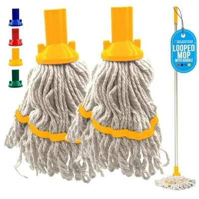 Image of Commercial Mops for Cleaning Floors with Mop Handle Looped Cotton Heads Absorbent Yarn, 120cm Heavy Duty Aluminium Handle, Floor Color Coded Hygiene Head Pack of 2 Yellow