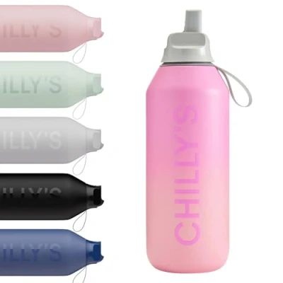 Image of Chilly&#039;s Series 2 Flip Water Bottle with Sports Lid, Telescopic Straw and Nylon Carry Loop Easy Cleaning Brush Included 500ml Ombre, Sundown