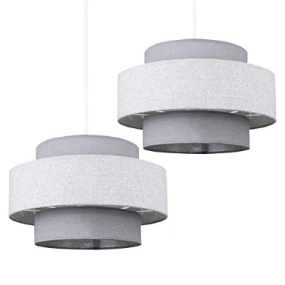 Image of Pair of Modern Cylinder Ceiling Pendant Light Shades in a Dark Grey &amp; Herringbone Finish Complete with 10w LED GLS Bulbs [3000K Warm White]