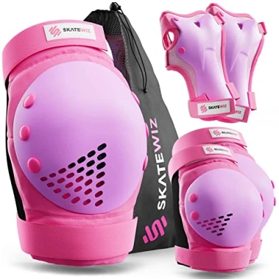 Image of SKATEWIZ Knee and Elbow Pads Adult Skating Scooter SMASH Size L Pink Purple Wrist Guards Skate