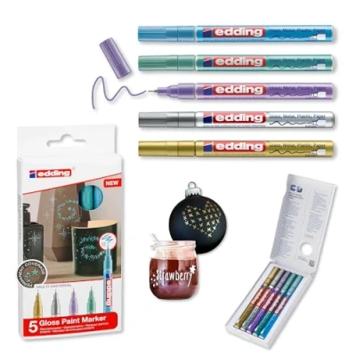 Image of edding 780 gloss paint marker gold silver blue green violet (metallic) 5 markers extra fine round nib 0.8mm pen for glass, pebbles, wood, plastic, paper waterproof, high coverage