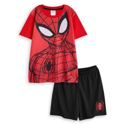 Image of Marvel Spiderman Boys 2 Piece Pyjama Set Childrens Short Leg Bottoms &amp; Sleeve Night Top in Red Black Superhero Graphic Print PJs Animated Movie Comics Merchandise Gift