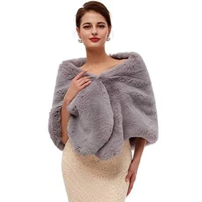 Image of kivie Faux Fur Wrap Shawl Wedding Stoles Cape Evening Bridal Shrug White/Black/Navy (grey)