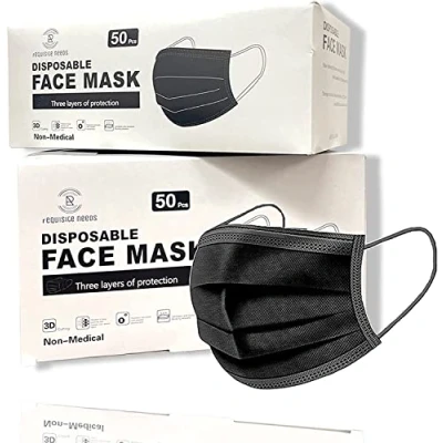 Image of REQUISITE NEEDS Face Mask Black Disposable For Adults, Breathable Coverings, Masks Breathable,3 Layer Suitable Sensitive Skin (Black) (100 PACK)