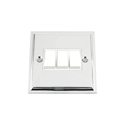 Image of Light Switch 3 Gang Polished Chrome Victorian White Insert Plastic 10 Amp Triple 2 Way
