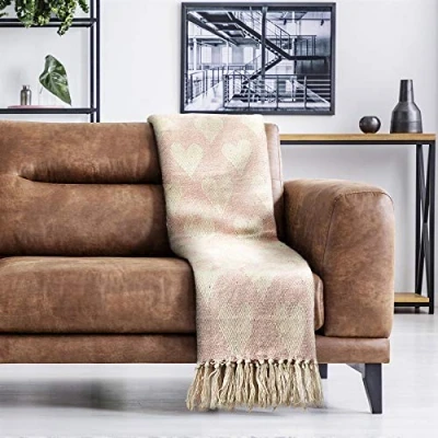 Image of Emma Barclay Heart Recycled Cotton Throw With Design In Blush Pink 50x60 (127x152cm)