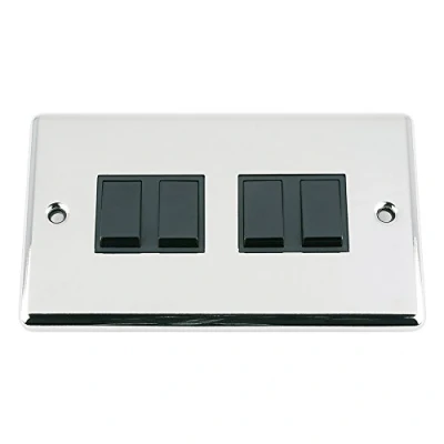 Image of Light Switch 4 Gang Polished Chrome Classic Black Insert Plastic 10 Amp Quad 2 Way