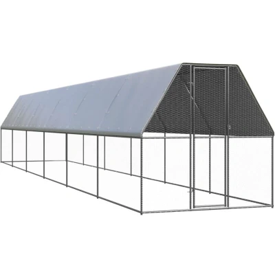 Image of &#039;vidaXL Galvanised Steel &amp; Polyethylene Outdoor Chicken Cage Hen House with Water Resistant Roof and Lockable Door Silver Grey, Dimensions: 2x12x2 m