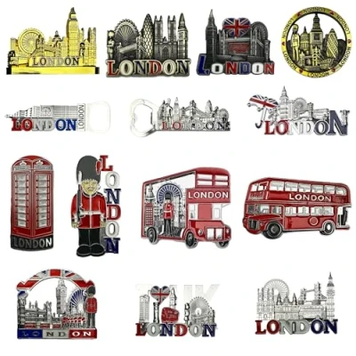 Image of LILAJ Set of 12 London Souvenir Metal Fridge Magnets Iconic Landmarks: Big Ben, Tower Bridge, Eye, Red Phone Box, Bus, Royal Guard Perfect Travel Collectibles &amp; Kitchen Decor Great Gift Idea