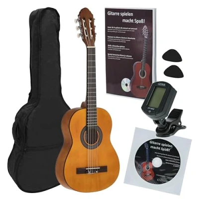 Image of JUAN MIGUEL NAVARREZ classical guitar 1/2 starter set honey (bag, tuner, picks, book with CD)