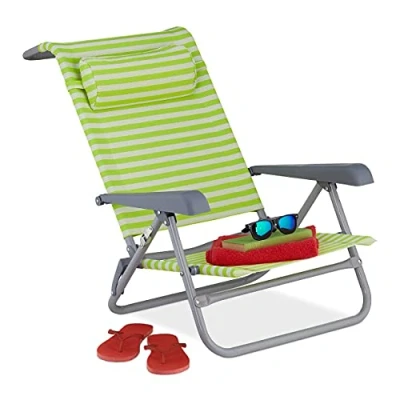 Image of Relaxdays reclining beach chair, sun lounger, headrest, adjustable, folding, armrest &amp; bottle opener, green/white, Steel, 1 item