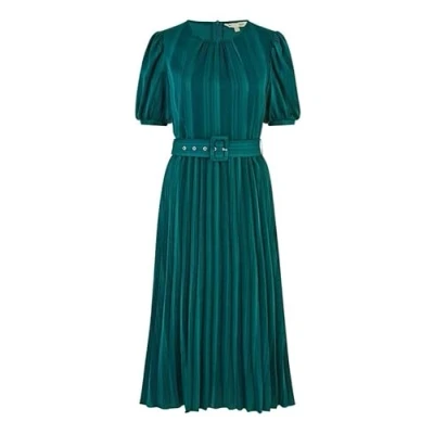 Image of Yumi Womens Green Satin Striped Midi Dress With Pleats and Matching Belt Size 16 UK