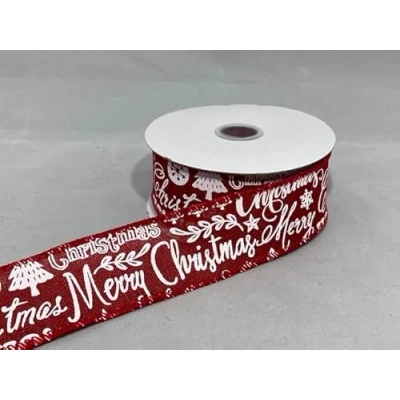 Image of 2 Meters x 63mm Wired Ribbon Red Merry Christmas Hessian Style 6.3cm