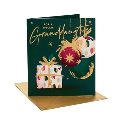 Image of UK Greetings Christmas Card for Granddaughter Baubles &amp; Present Design