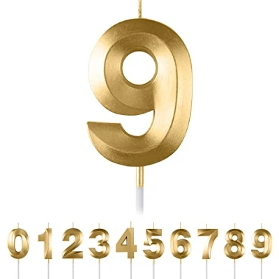 Image of 9th Birthday Number Candles,3D Gold Candle,Number 9 Candle for Party Cake Topper Decorations Boys Girls Anniversary Supplies