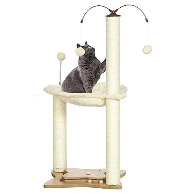 Image of PawHut Cat Tree for Indoor Cats, Scratching Post with Bed, Toy Ball, 53.5 x 90cm Beige