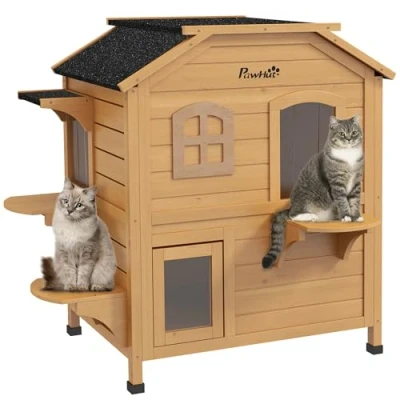 Image of PawHut Wooden Cat House Cave Pet Shelter Condos Outdoor Natural Wood Finish