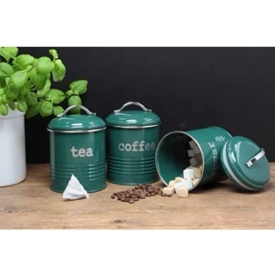 Image of EHC Airtight Set of 3 Tea Coffee &amp; Sugar Storage Canister Jars with Lid, Fjord Green