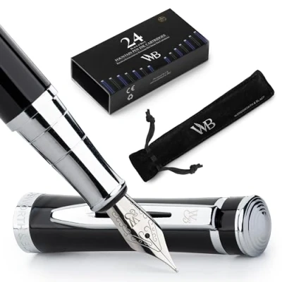 Image of Wordsworth &amp; Black Fountain Pen Set, Medium Nib, Includes 24 Pack Ink Cartridges, Refill Converter Gift Pouch, Chrome Finish, Calligraphy, [Black Chrome], Perfect for Men Women