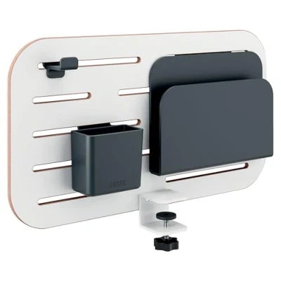Image of Leitz Ergo Small Pegboard Desk Organiser with Tidy Accessories, Compatible Thickness of 35mm, Wide Hanging Slots, Clamp Mounting, 42cm x 25cm, Range, White, 65480000
