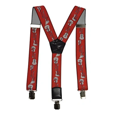 Image of Olata Braces/Suspenders for All Ages, Y Shape with Guitar Design. Adult, 4cm. Red