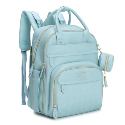 Image of BabbleRoo Diaper Bag Backpack, Baby Nappy Changing Bags Multifunction Waterproof Travel Back Pack, Vegan Leather Powder Blue, 1 Count (Pack of 1), Daypack Backpacks