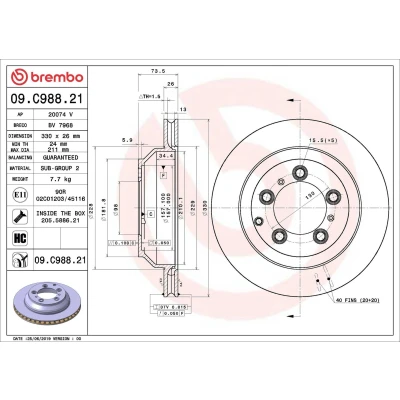 Image of 9Y0615601 Brake disc BREMBO 09.C988.21 330mm 26mm 5 internally vented Coated High carbon PORSCHE: Cayenne