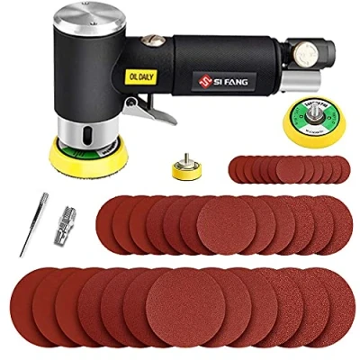 Image of SI FANG Mini Air Sander Kit, 1/2/3inch Random Orbital Car Polisher with 45Pcs Sanding Discs &amp; 3Pcs Backing Pads, High Speed Pneumatic Grinder Tools Machine for Metal Wood Polishing(Black)